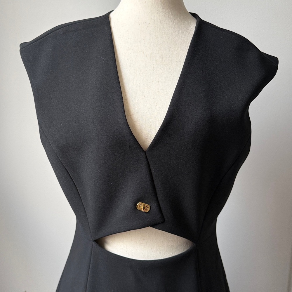 Halston Heritage Black Mini Dress 10 with Cutout Cap Sleeve Turn-lock Cocktail - Picture 3 of 7